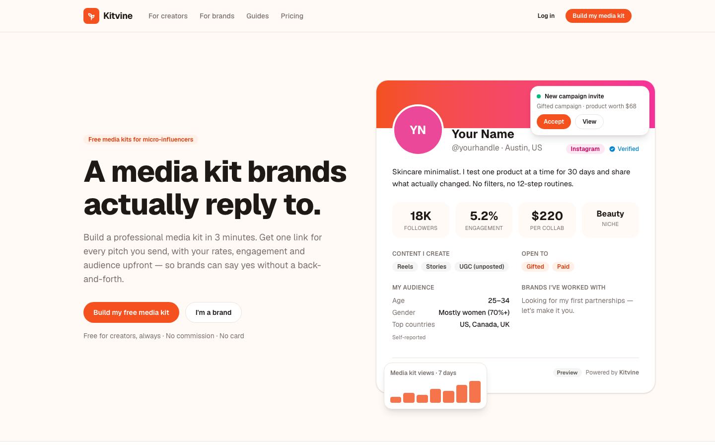 Kitvine homepage: a sample creator media kit with followers, engagement and rates